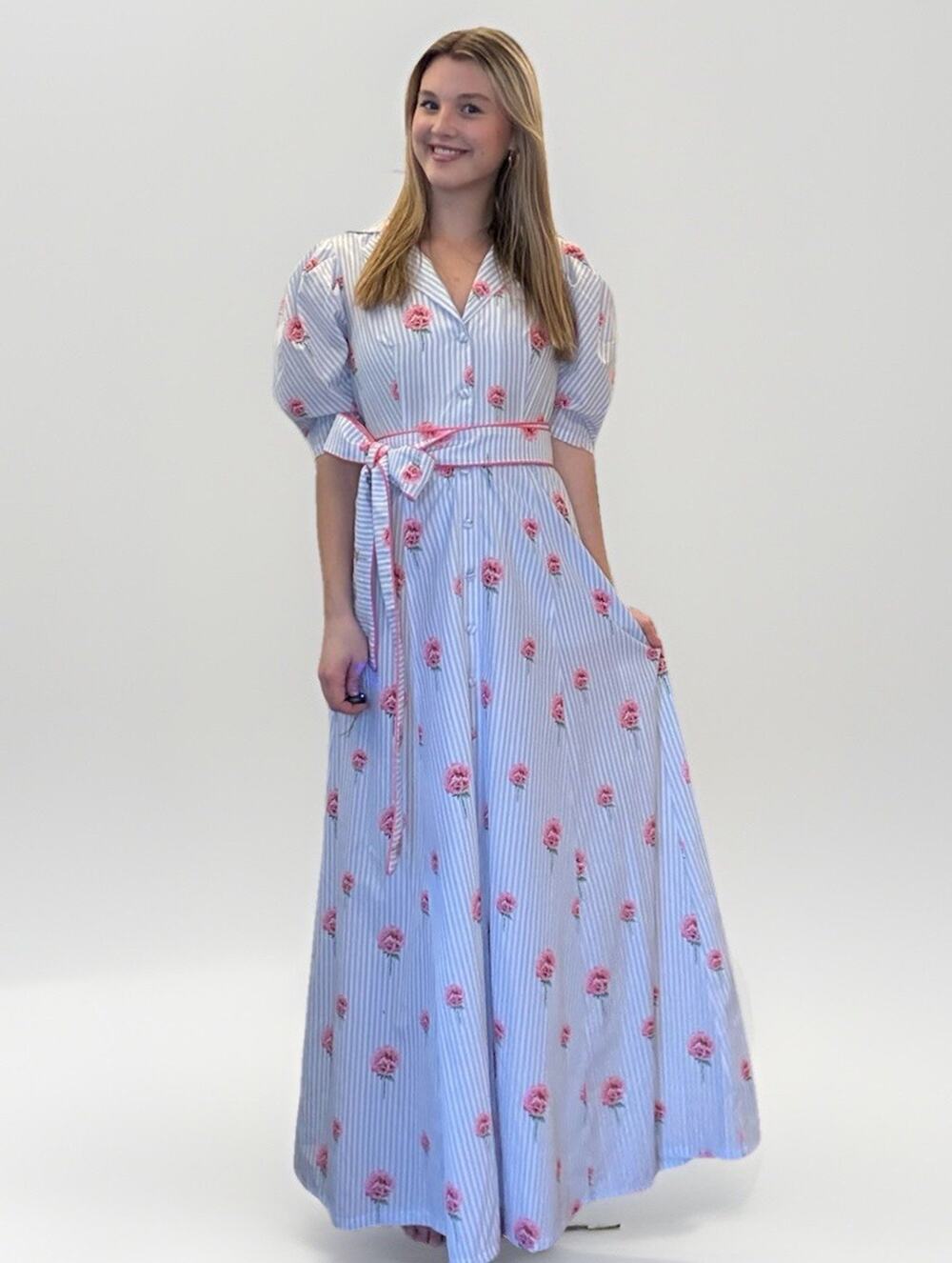 KLEID For Her Blue Stripe Floral Boho Belted Puff Sleeve Dress Size S